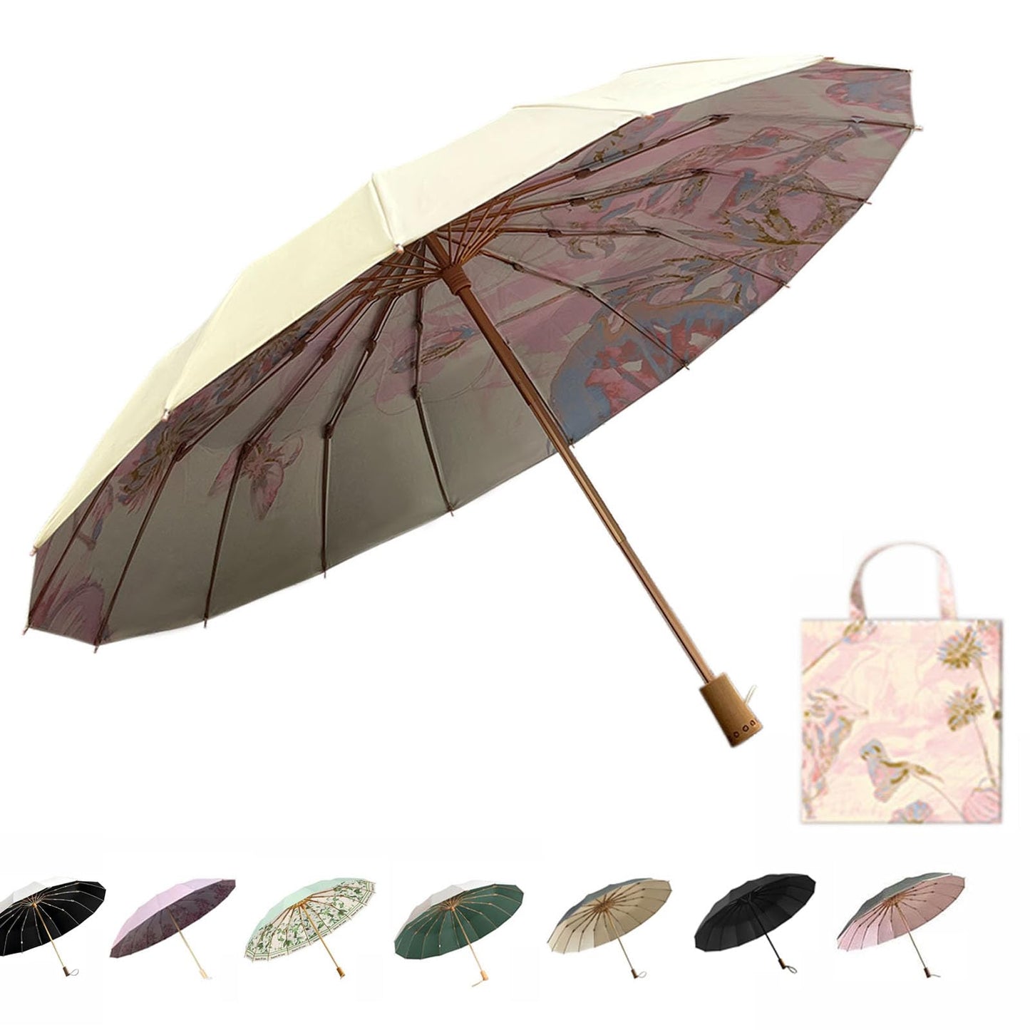 Compact Umbrellas For Rain and Sun UPF 50+ UV Protection Travel Size Windproof waterproofing and Strong Travel Essentials for Men Women 16 Ribs Wooden Handle Pink Backpacks Car Birthday Gifts For Women Lightweight 0.85LB