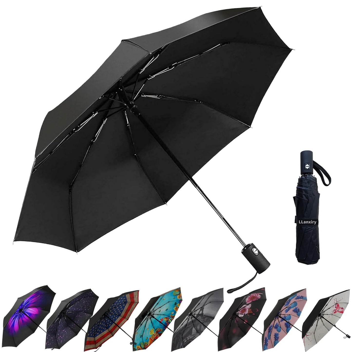 LLanxiry Compact Travel Umbrella, Windproof Automatic Umbrellas for Rain | Small, Portable, Folding, Lightweight, Waterproof, Backpacks, Purses, Cars, Commuting, Walk, School, Men, Women