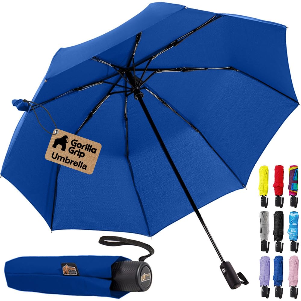 GORILLA GRIP Compact Travel Size Umbrella for Rain, Sleek Design Fits Backpack, Purse and Carry On, Lightweight Under 1lb, One Click Open and Close, Wind Resistant, Durable Waterproof, Cats Dogs