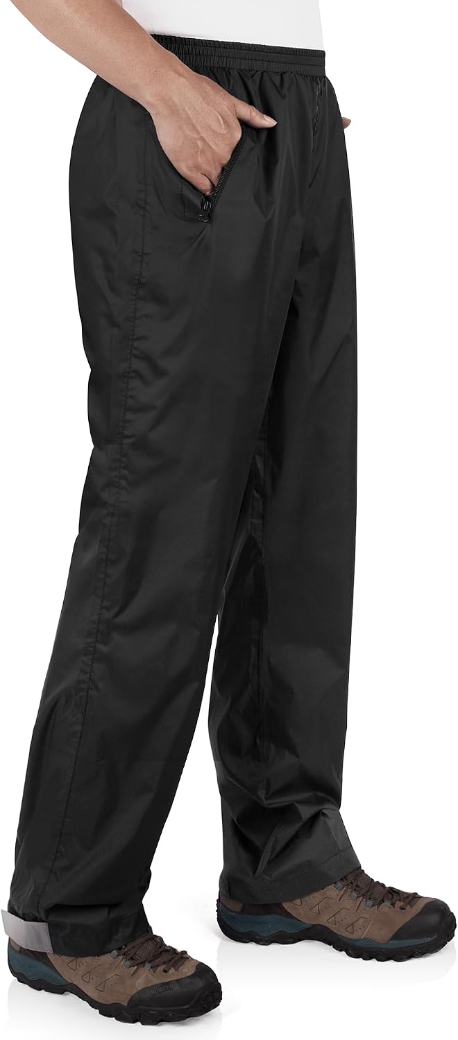 33,000ft Packable Rain Pants for Men Waterproof Lightweight Hiking Pants | Breathable Windproof Rain Over Pants for Golf, Fishing, Work, Zipper Pockets, Reflective Strip, Hook & Loop