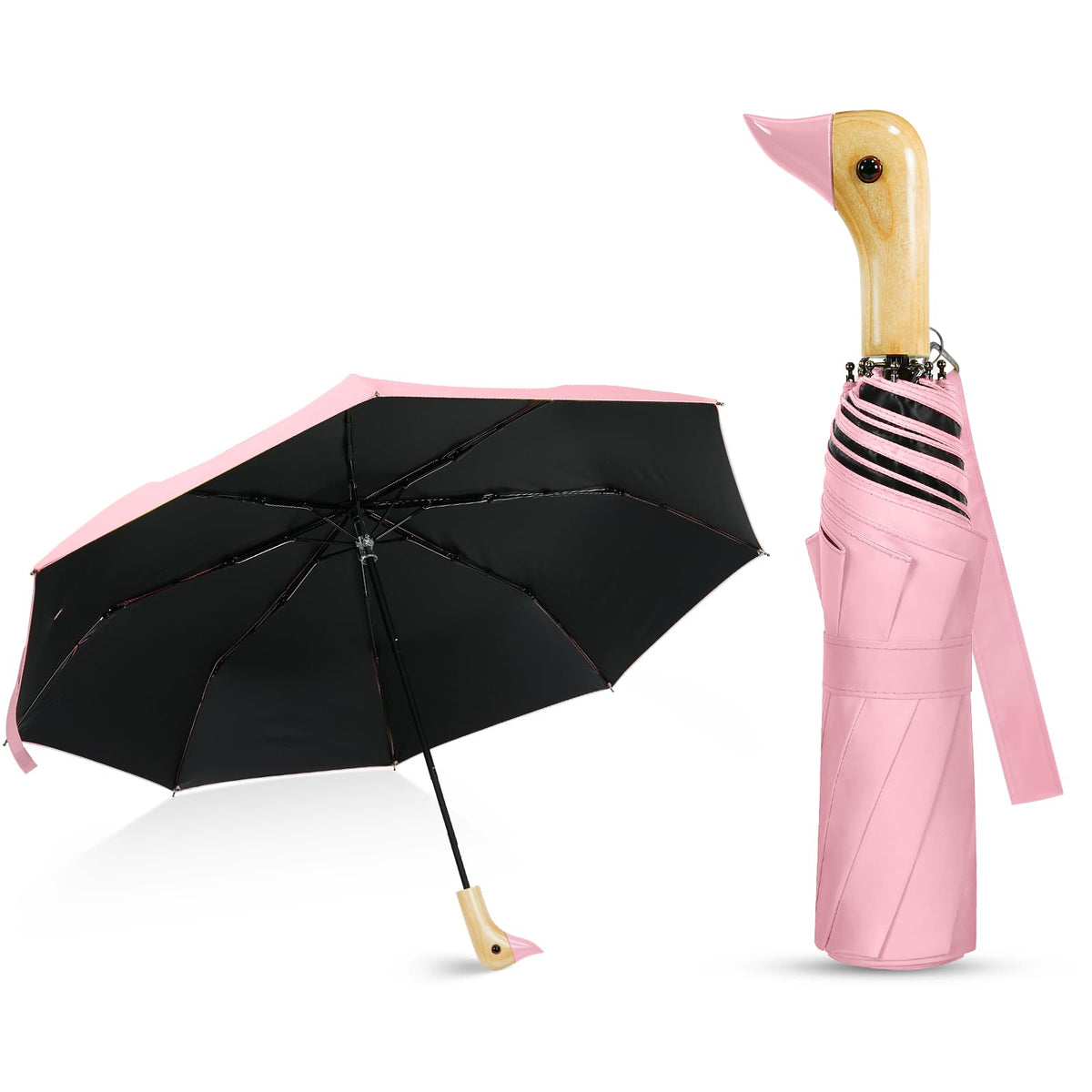 Cute Duck Handle Umbrella Compact Travel Wood Handle Folding for Rain | Cute duck handle for commute/school/trips, daily rain & gifts. Easy to carry with 17 inch fold, 42 inch arc