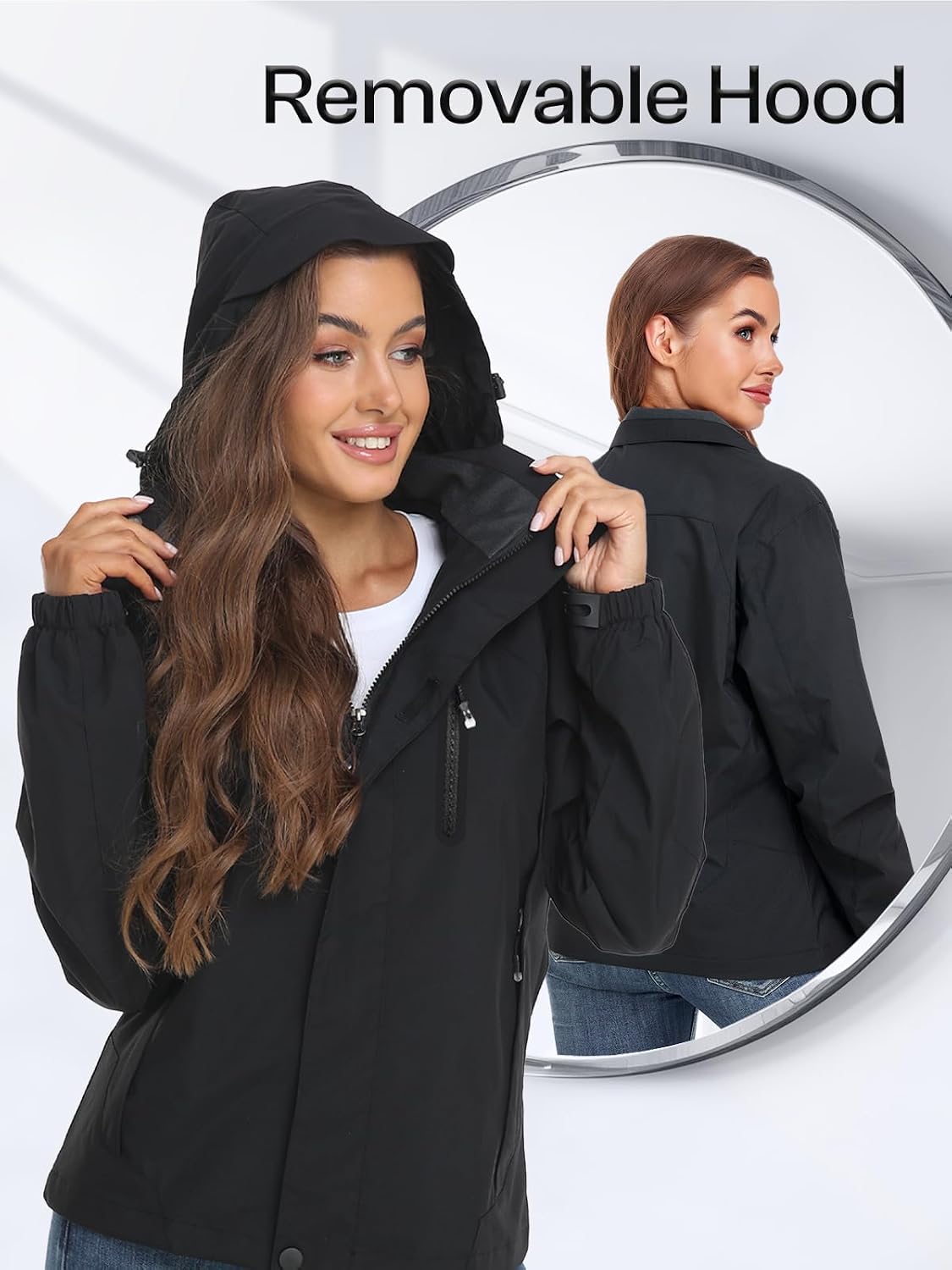 Womens Waterproof Rain jacket Lightweight Raincoat with Removable Hood | rain coat, windbreaker, breathable, 4 zip pockets, velcro cuffs, 2-way storm flap, mesh lining, active outdoor, camping