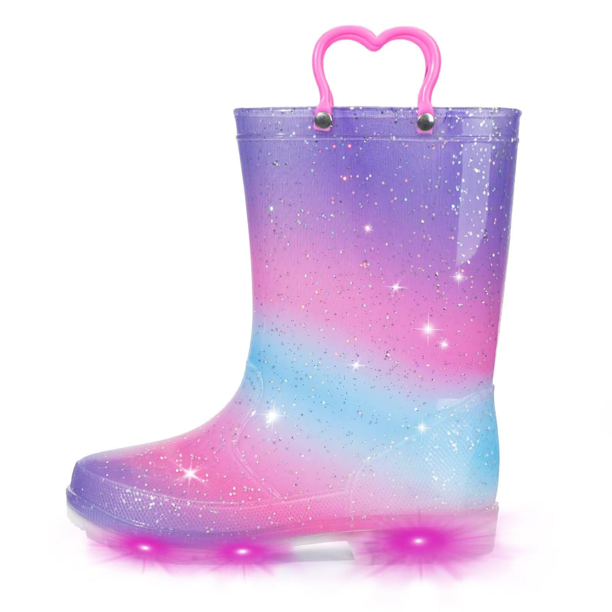 EUXTERPA Toddler Kids Light-Up Rain Boots | Waterproof, Glitter, Cartoon Pattern, Easy-On Handles, LED Flashing Non-Slip Sole, Puddle Play, Outdoor, Children Girls Boys