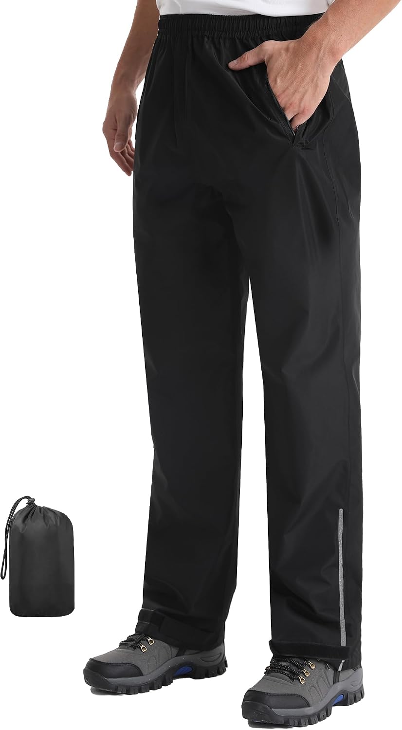 iCreek Men's Rain Pants Packable Waterproof Lightweight Hiking Over Pants | Zipper Pockets, Pants Leg Reflective Strip, Hook & Loop, Storage Pouch, for Hiking, Fishing, Golf, Work, Daily Wear