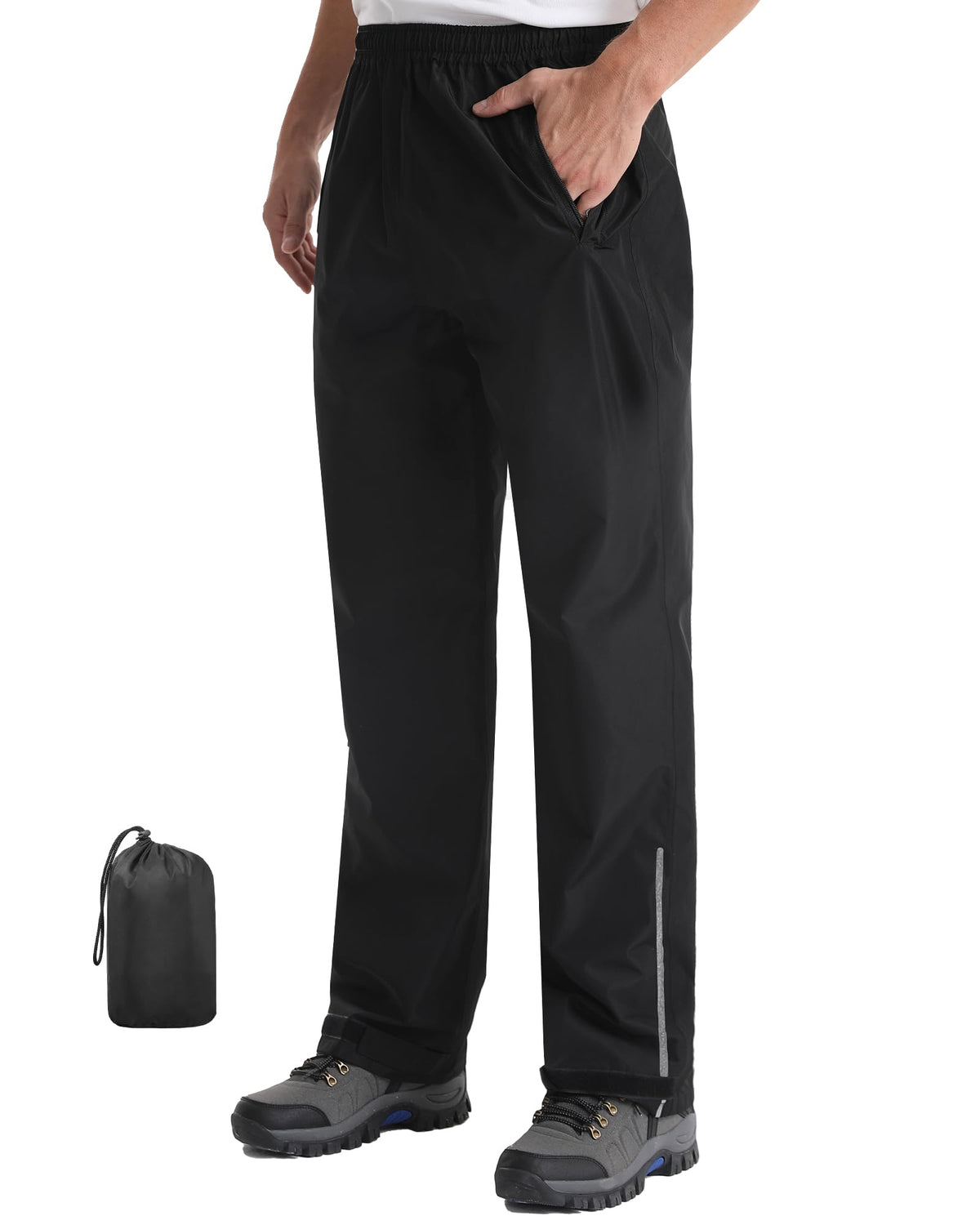 iCreek Men's Rain Pants Packable Waterproof Lightweight Hiking Over Pants | Zipper Pockets, Pants Leg Reflective Strip, Hook & Loop, Storage Pouch, for Hiking, Fishing, Golf, Work, Daily Wear