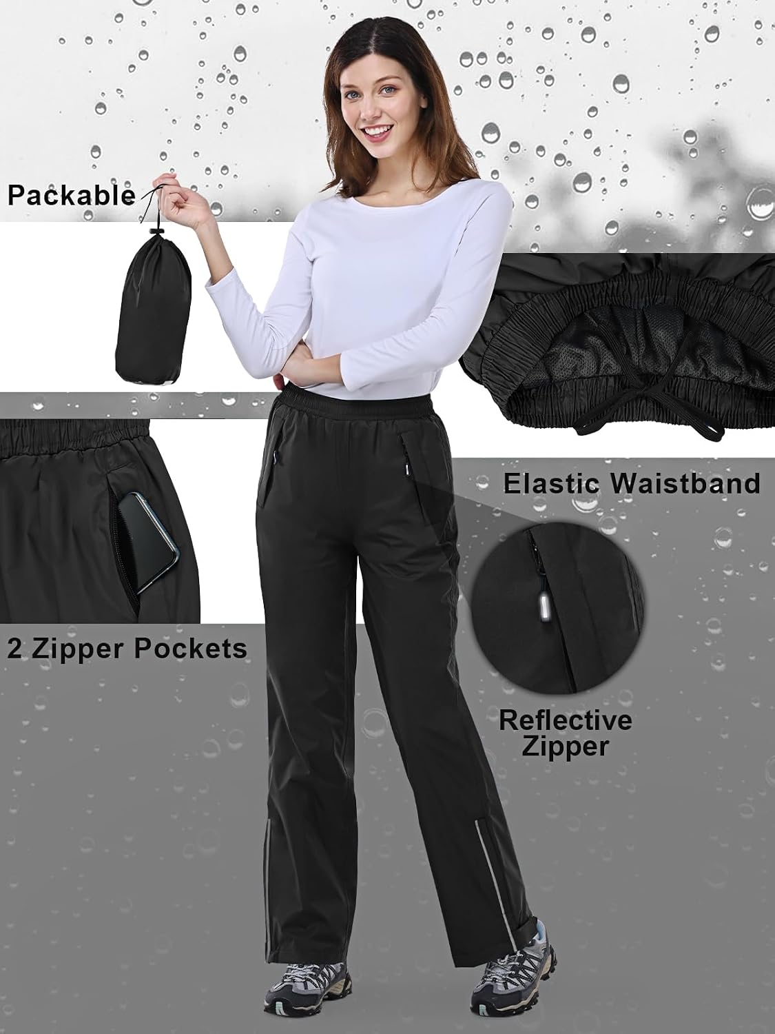Outdoor Ventures Women's Rain Pants Packable Waterproof Hiking Pants | Windproof Breathable Outdoor Rain Over Pants, Fully Seams Taped, Mesh lining, for Golf, Work,Zipper Pockets