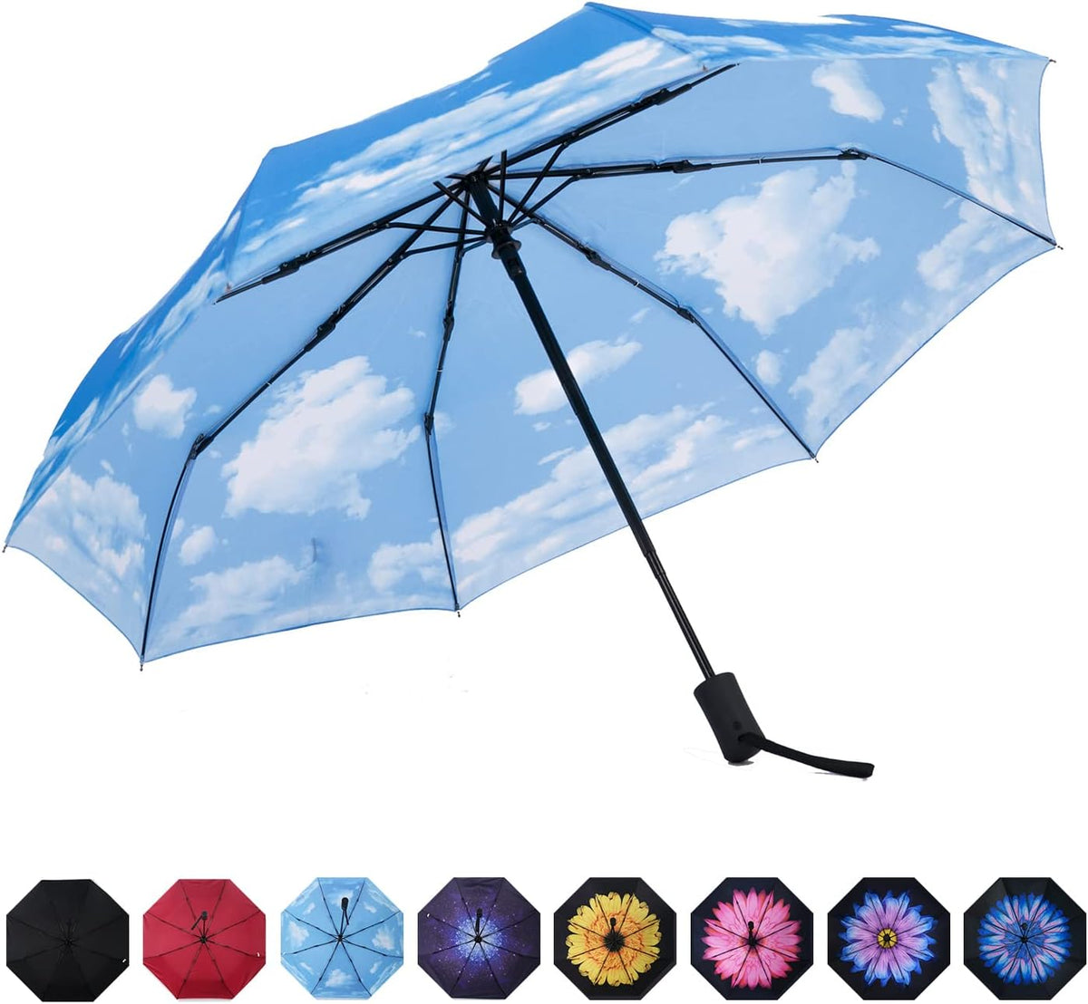 SY COMPACT Travel Umbrella - Windproof Automatic Compact Umbrellas for Rain | Small & Portable, UV Sun Protection, 11" Folded Travel Size, Fits in Backpack & Car, for Walking & Commutes, Factory Direct