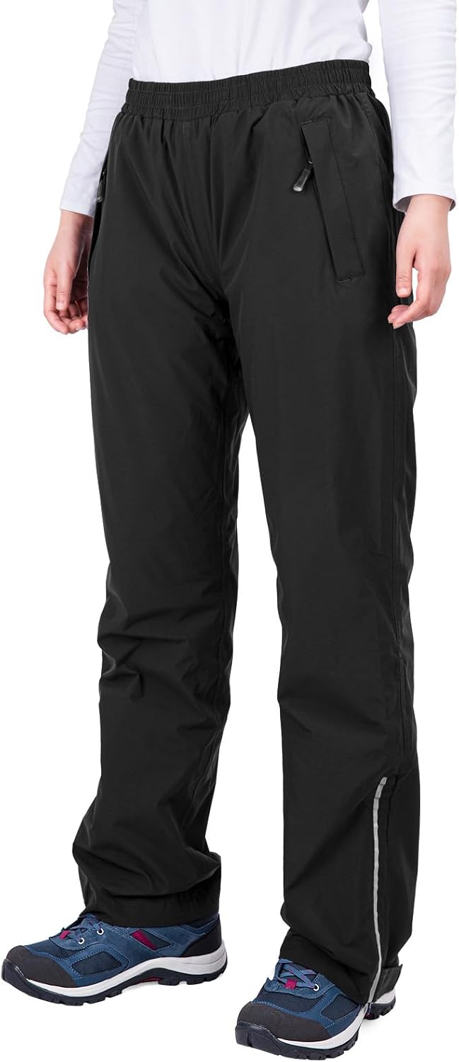 33,000ft Women's Rain Pants, Lightweight Waterproof Rain Over Pants | Windproof Hiking Pants with Mesh Lining for Outdoor, Fishing, Golf, Rainy Day, Zipper Pockets, Reflective Strip, Hook & Loop