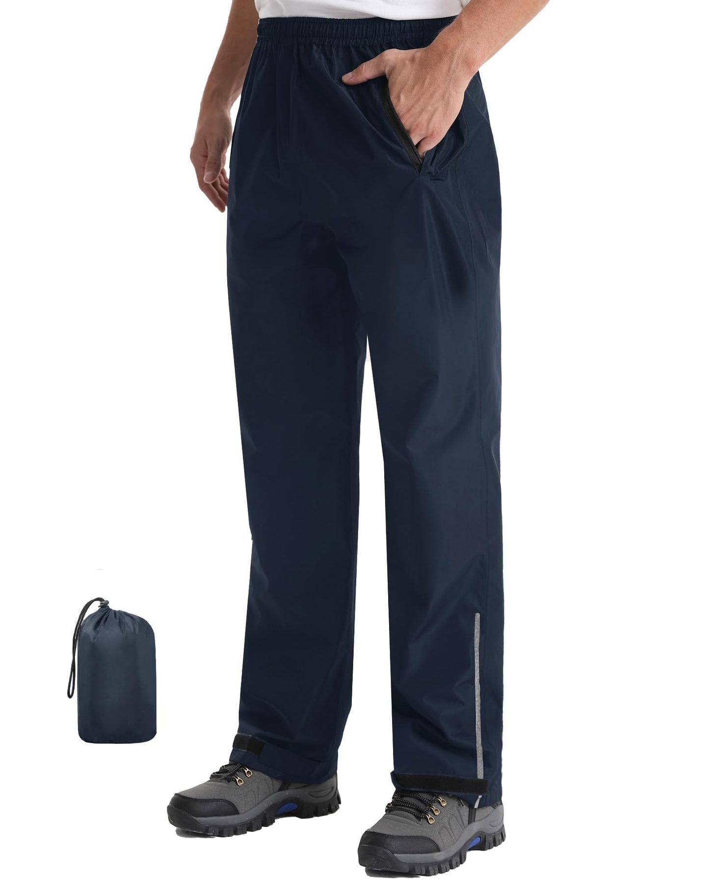 iCreek Men's Rain Pants Packable Waterproof Lightweight Hiking Over Pants | Zipper Pockets, Pants Leg Reflective Strip, Hook & Loop, Storage Pouch, for Hiking, Fishing, Golf, Work, Daily Wear