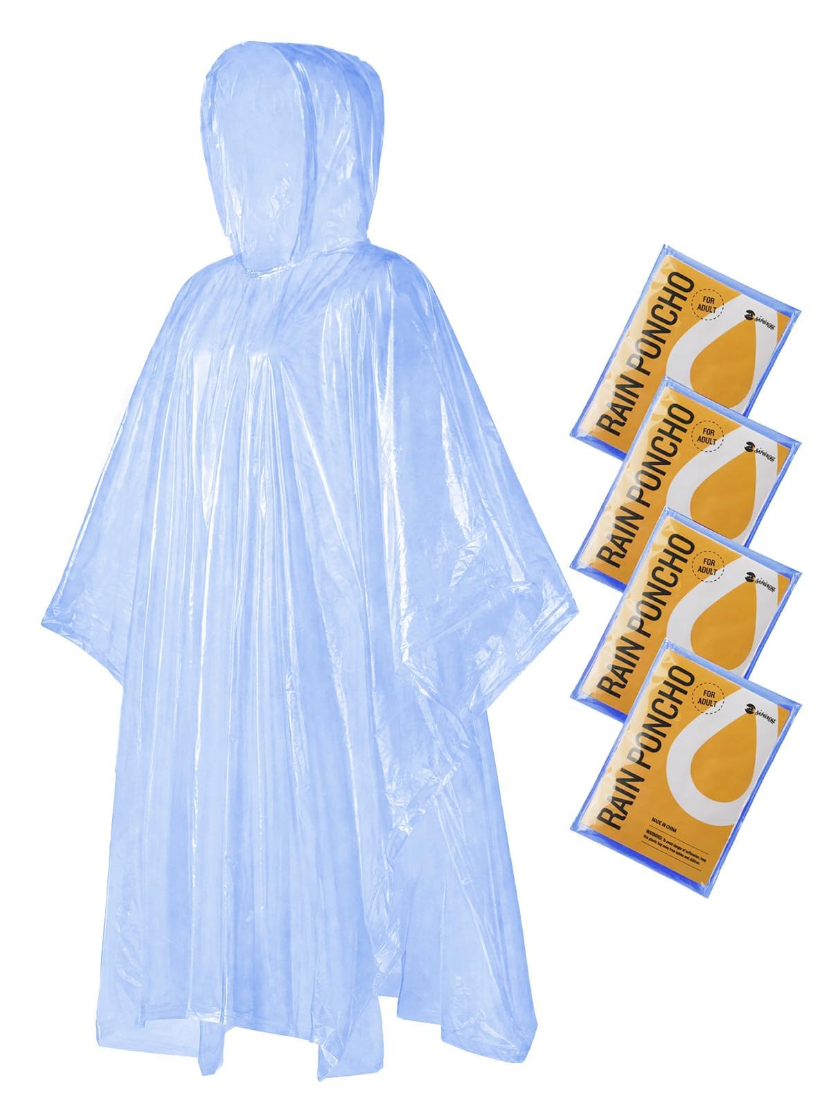SaphiRose Disposable Adult Rain Ponchos 4 Pack Clear Emergency Raincoat | Value Pack, 100% Waterproof PE, One Size Fits Most Adults, Compact Individual Pouch, for Travel Theme Parks Emergency Kits