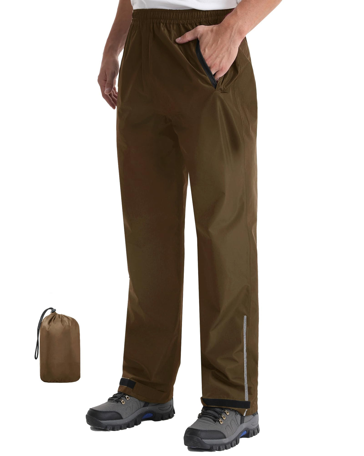 iCreek Men's Rain Pants Packable Waterproof Lightweight Hiking Over Pants | Zipper Pockets, Pants Leg Reflective Strip, Hook & Loop, Storage Pouch, for Hiking, Fishing, Golf, Work, Daily Wear