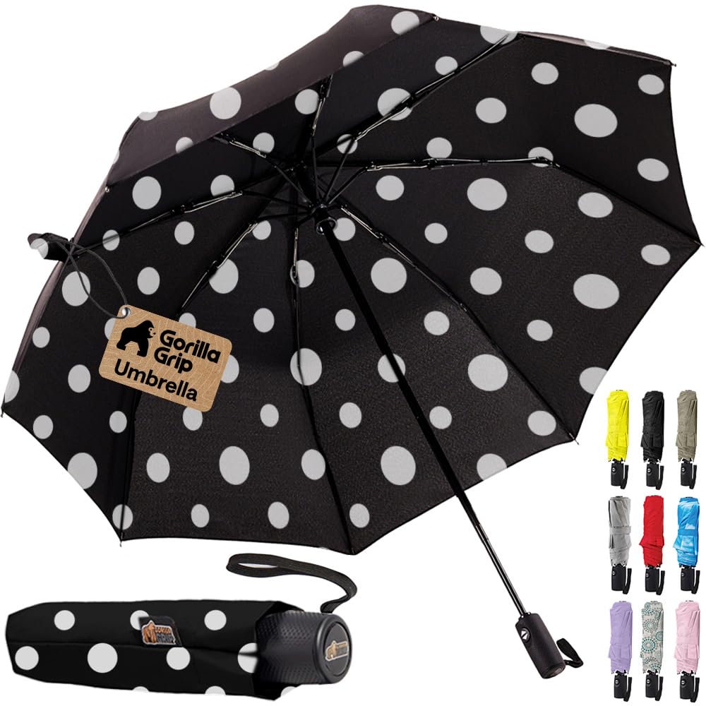 GORILLA GRIP Compact Travel Size Umbrella for Rain, Sleek Design Fits Backpack, Purse and Carry On, Lightweight Under 1lb, One Click Open and Close, Wind Resistant, Durable Waterproof, Cats Dogs