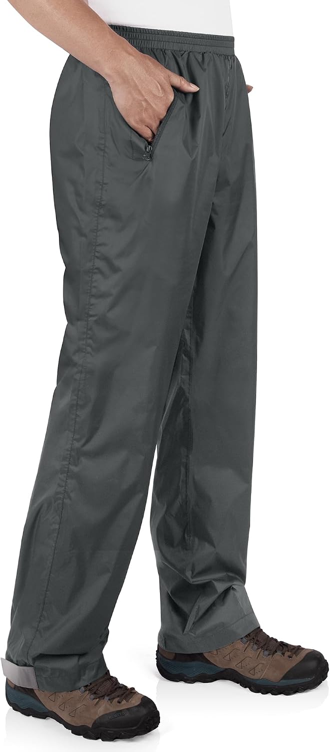 33,000ft Packable Rain Pants for Men Waterproof Lightweight Hiking Pants | Breathable Windproof Rain Over Pants for Golf, Fishing, Work, Zipper Pockets, Reflective Strip, Hook & Loop