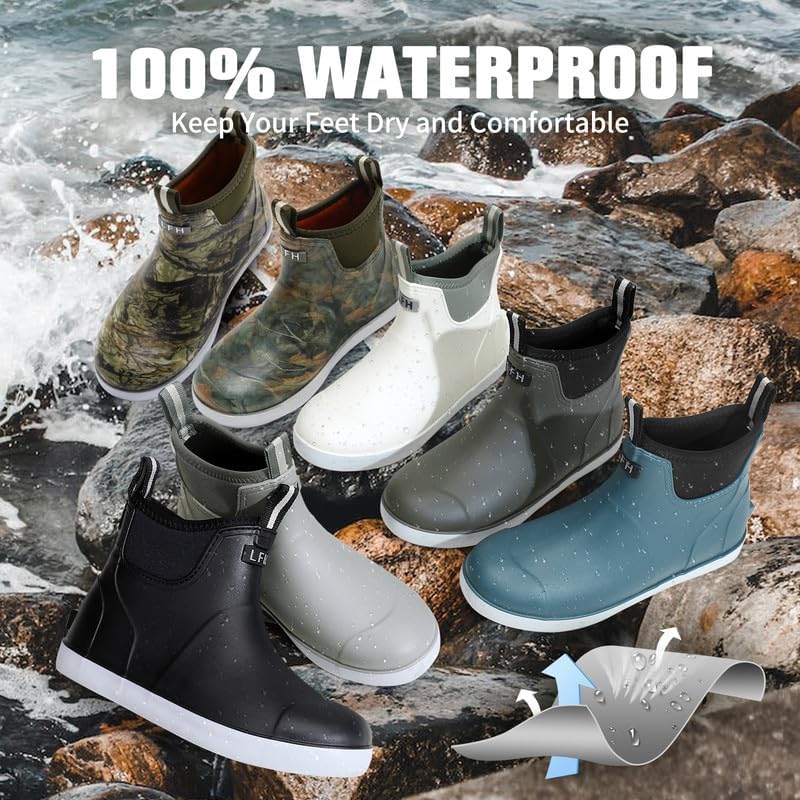 Mens Deck Boots Waterproof, Rubber Ankle Rain Booties For Fishing | Saltwater High-performance Footwear Chelsea Boots for Gardening Boating Camping Sailing