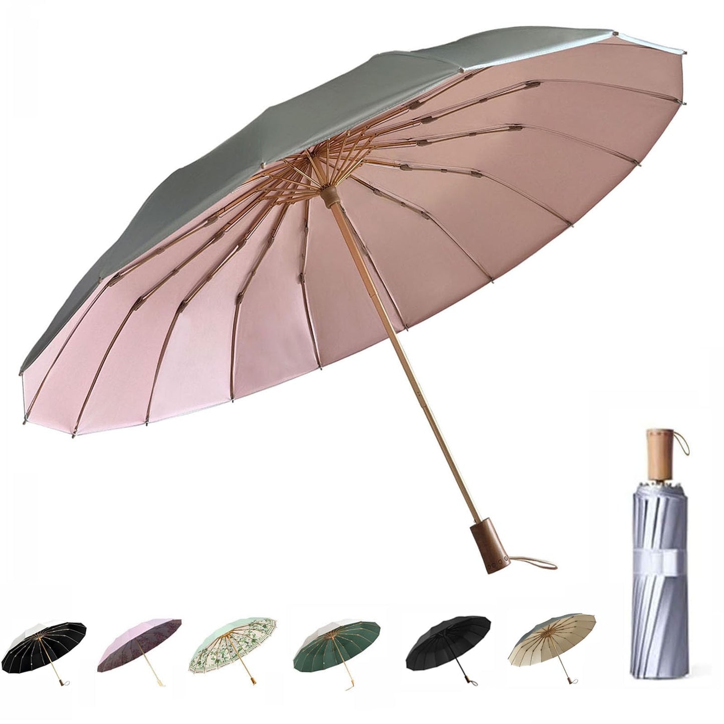 Compact Umbrellas For Rain and Sun UPF 50+ UV Protection Travel Size Windproof waterproofing and Strong Travel Essentials for Men Women 16 Ribs Wooden Handle Pink Backpacks Car Birthday Gifts For Women Lightweight 0.85LB