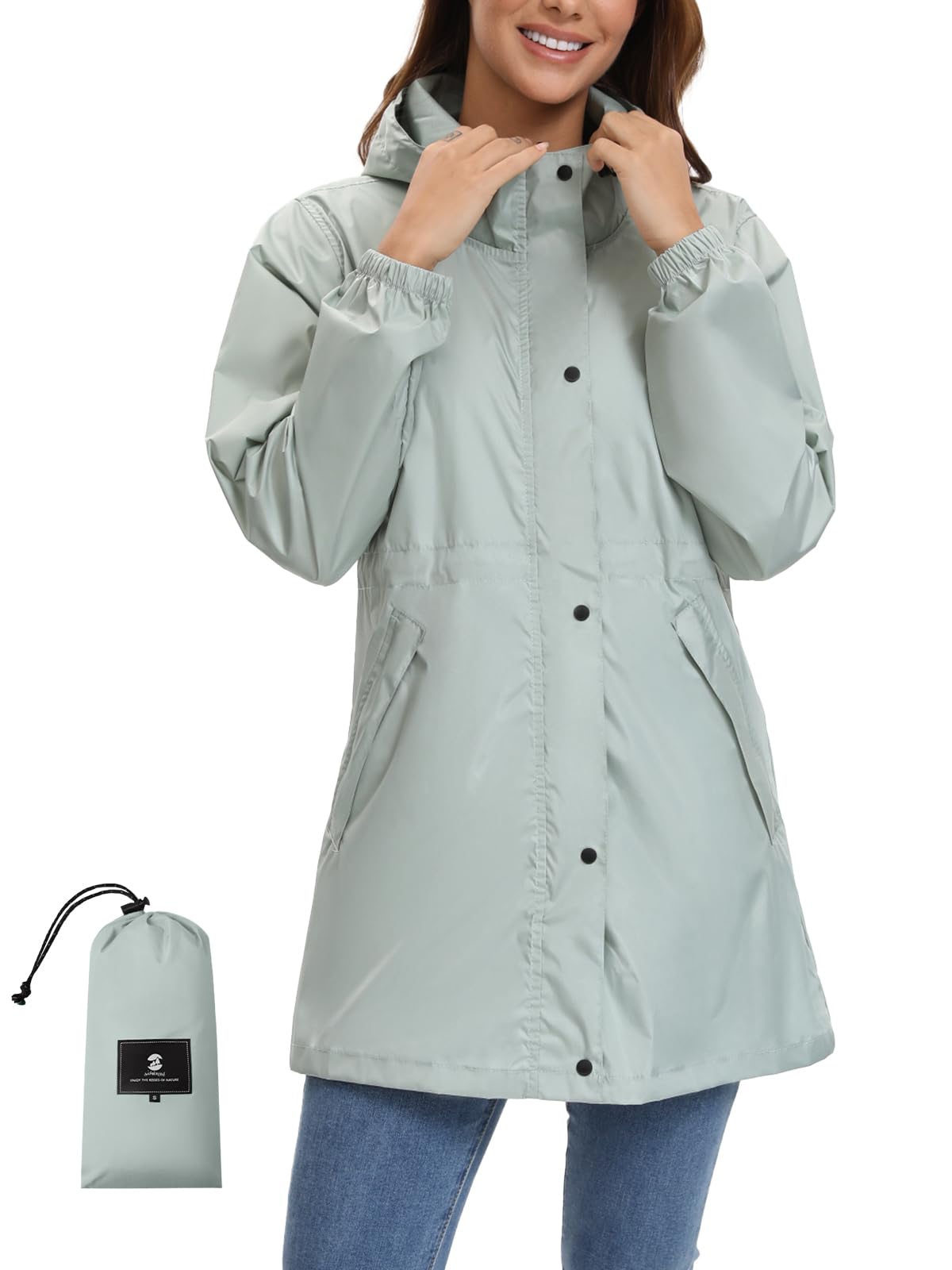 SaphiRose Women's Lightweight Long Rain Jacket Packable Raincoat Hooded Outdoor Trench Coats