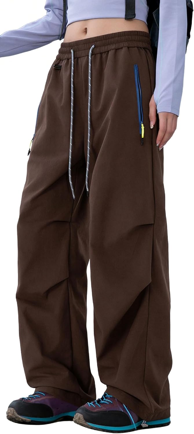 FEOYA Hiking Pants Women Parachute Pants Baggy Quick-Dry Water-Repellent | with Zipper Large Pockets Outdoor Travel Cargo Pants Casual Wear