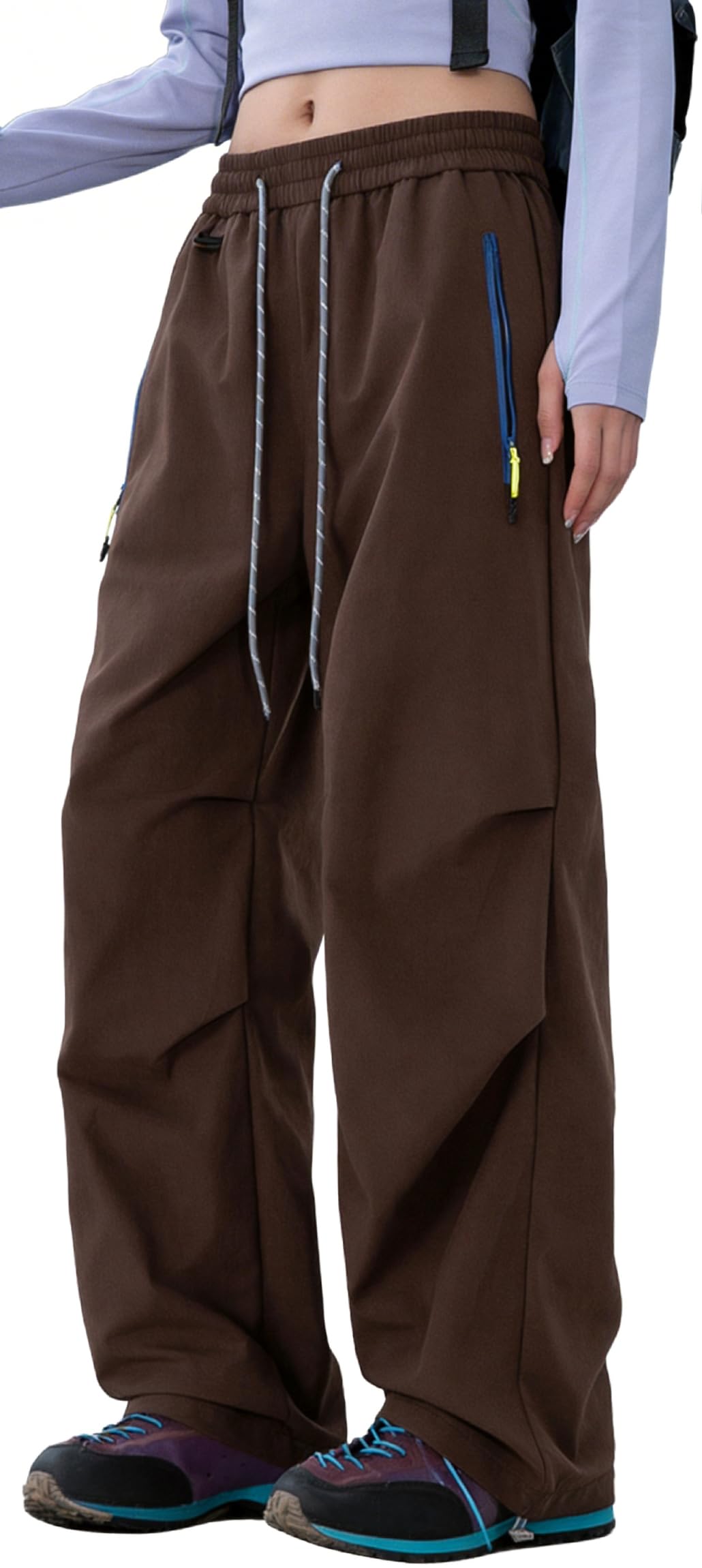 FEOYA Hiking Pants Women Parachute Pants Baggy Quick-Dry Water-Repellent | with Zipper Large Pockets Outdoor Travel Cargo Pants Casual Wear