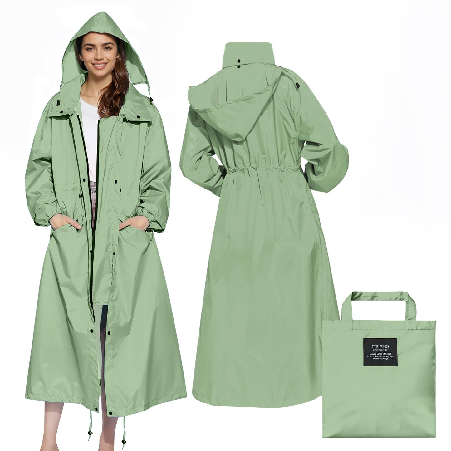 LAMA Womens Long Raincoats Rain Jacket Waterproof Packable Hooded Windbreaker Lightweight Adjustable Waist for Outdoor