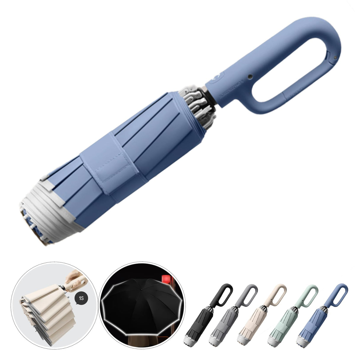 Ring Buckle Fully Automatic Umbrella, Reflective Safety Strip, Sturdy Windproof, Reverse Automatic, Travel Portable, Compact Folding (Blue)