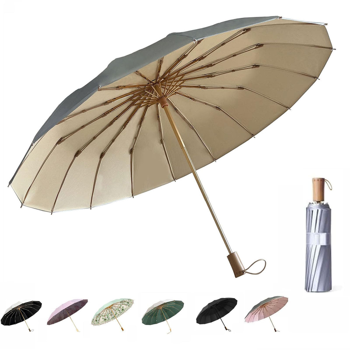 Compact Umbrellas For Rain and Sun UPF 50+ UV Protection Travel Size Windproof waterproofing and Strong Travel Essentials for Men Women 16 Ribs Wooden Handle Pink Backpacks Car Birthday Gifts For Women Lightweight 0.85LB