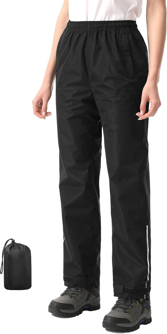 iCreek Women's Rain Pants Packable Waterproof Lightweight Hiking Over Pants | Zipper Pockets, Pants Leg Reflective Strip, Hook & Loop, Storage Pouch, for Hiking, Fishing, Golf, Work, Daily Wear