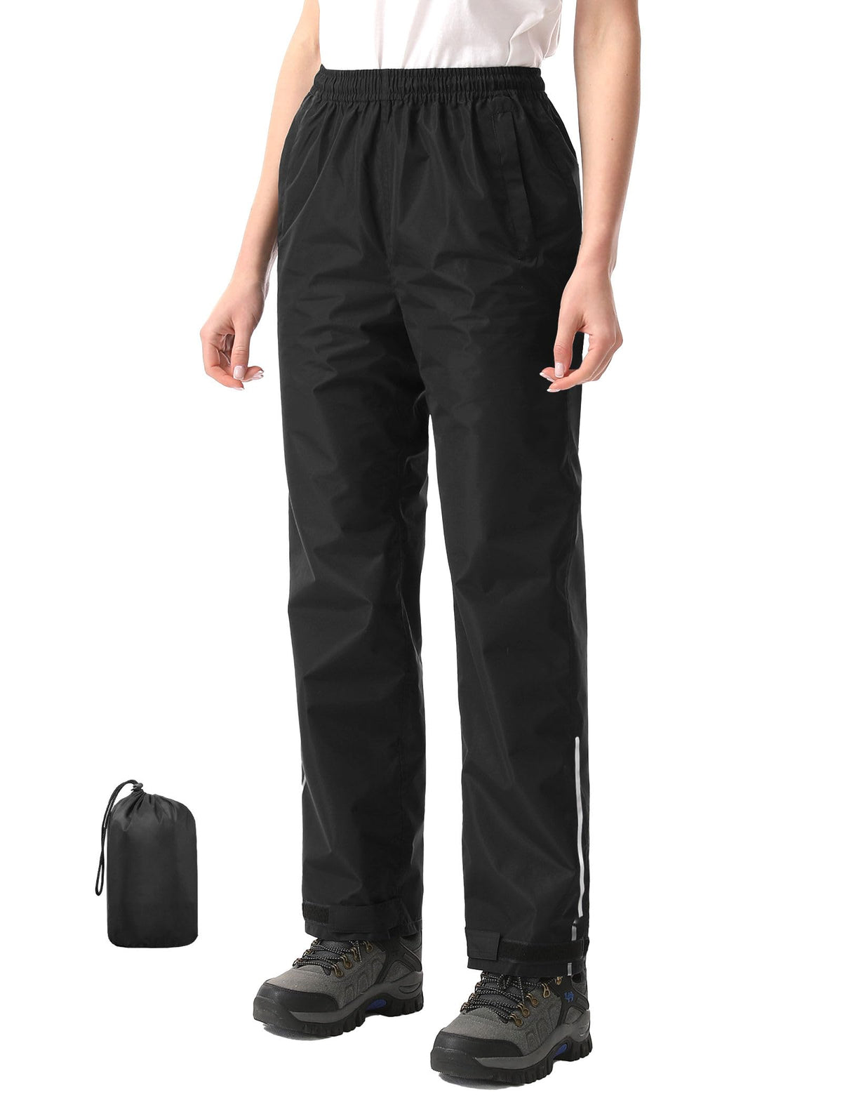 iCreek Women's Rain Pants Packable Waterproof Lightweight Hiking Over Pants | Zipper Pockets, Pants Leg Reflective Strip, Hook & Loop, Storage Pouch, for Hiking, Fishing, Golf, Work, Daily Wear