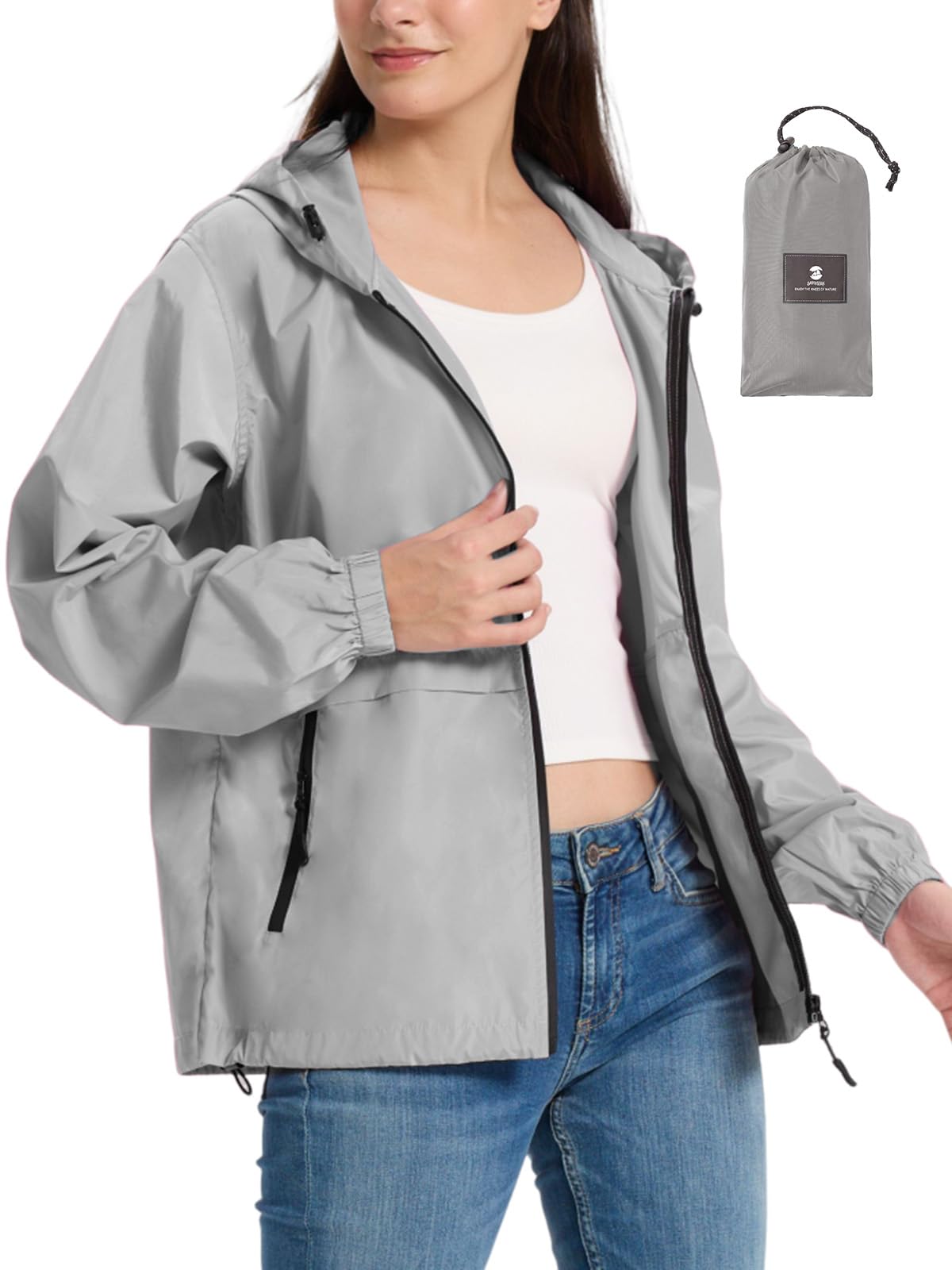 SaphiRose Lightweight Rain Jacket Women Waterproof Raincoat Packable | raincoat, rain coat, windbreaker, zip pockets, drawstring hem, hiking, camping, travel, ultra-portable