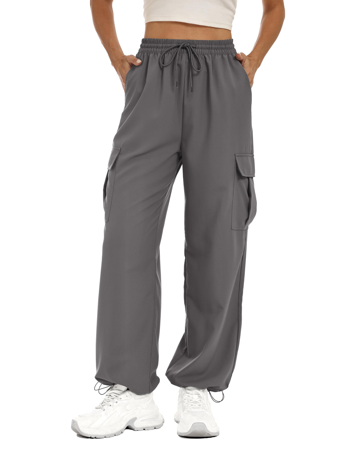Lzzidou Womens Hiking Pants Water Resistant Parachute Cargo Pants 4 Pockets | Baggy Joggers, Quick Dry, Lightweight, High Waist, Adjustable Cuffs for Camping, Fishing and Outdoor Wear