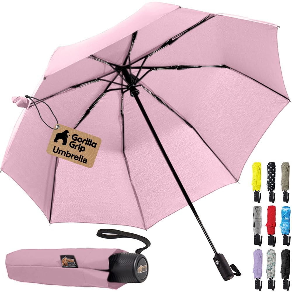 GORILLA GRIP Compact Travel Size Umbrella for Rain, Sleek Design Fits Backpack, Purse and Carry On, Lightweight Under 1lb, One Click Open and Close, Wind Resistant, Durable Waterproof, Cats Dogs