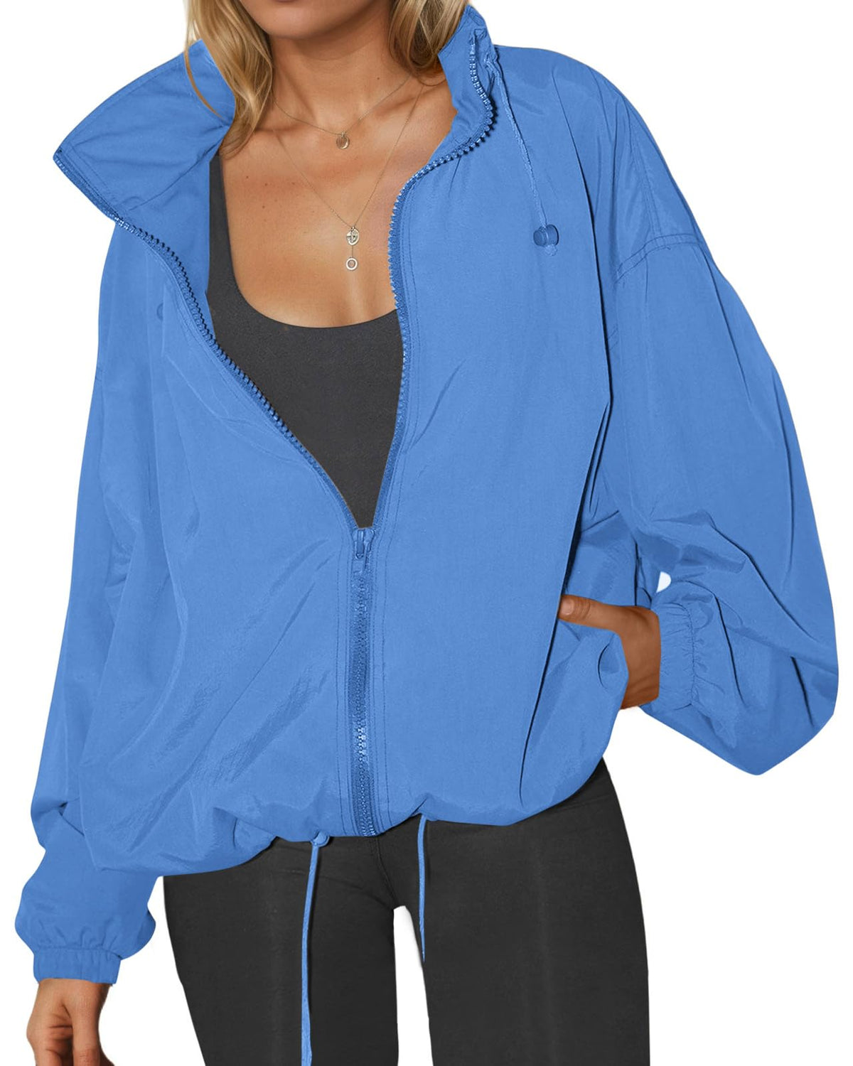 Womens Waterproof Rain Jackets Lightweight Zip Up Raincoat Outdoor Hiking Hooded Windbreaker with Pocket