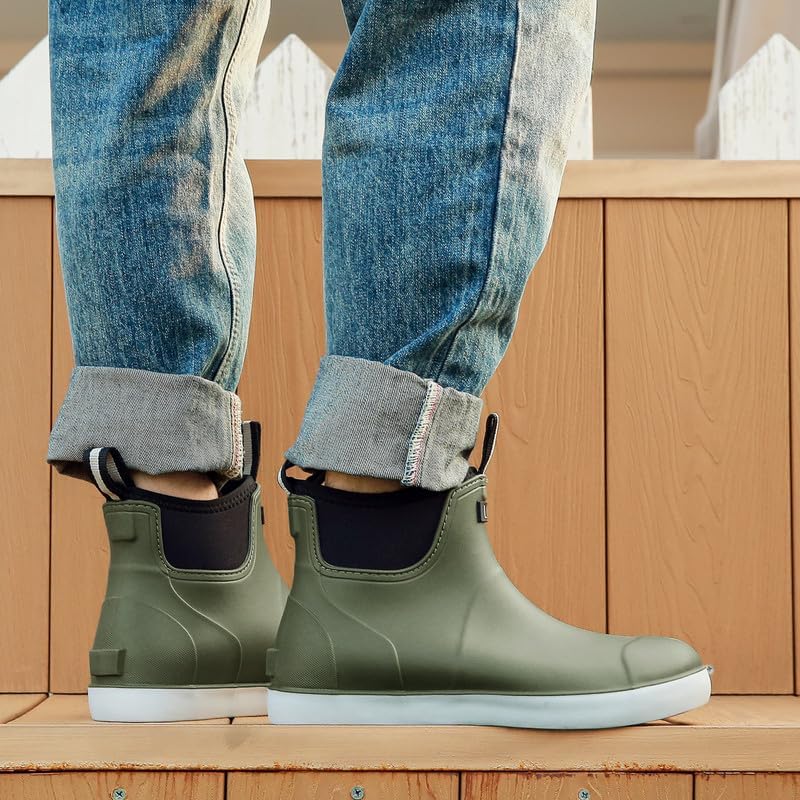 Mens Deck Boots Waterproof, Rubber Ankle Rain Booties For Fishing | Saltwater High-performance Footwear Chelsea Boots for Gardening Boating Camping Sailing