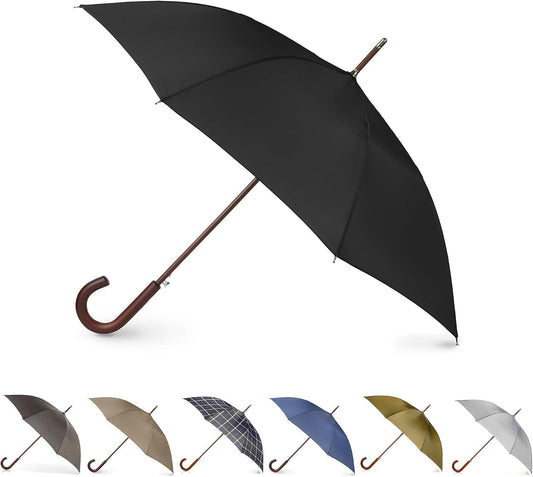 Totes Auto Open Water Repellent Stick Umbrella with Classic Wood J Hook Handle
