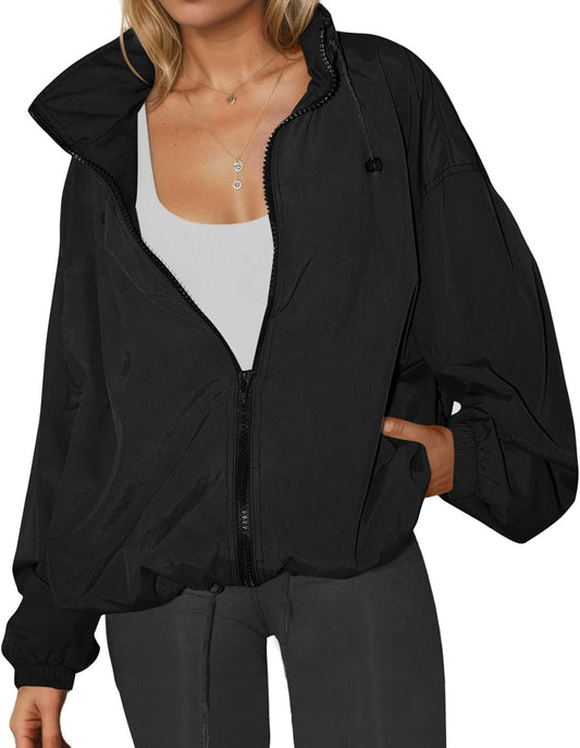 Womens Waterproof Rain Jackets Lightweight Zip Up Raincoat Outdoor Hiking Hooded Windbreaker with Pocket