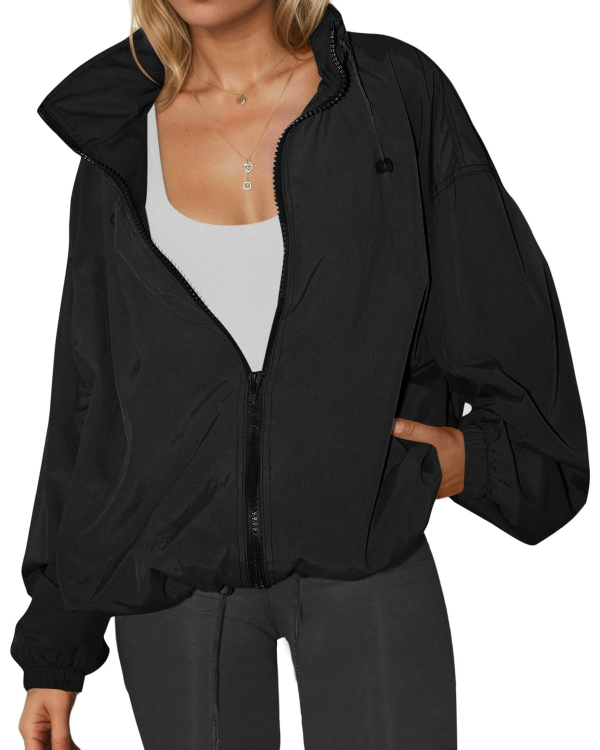Womens Waterproof Rain Jackets Lightweight Zip Up Raincoat Outdoor Hiking Hooded Windbreaker with Pocket