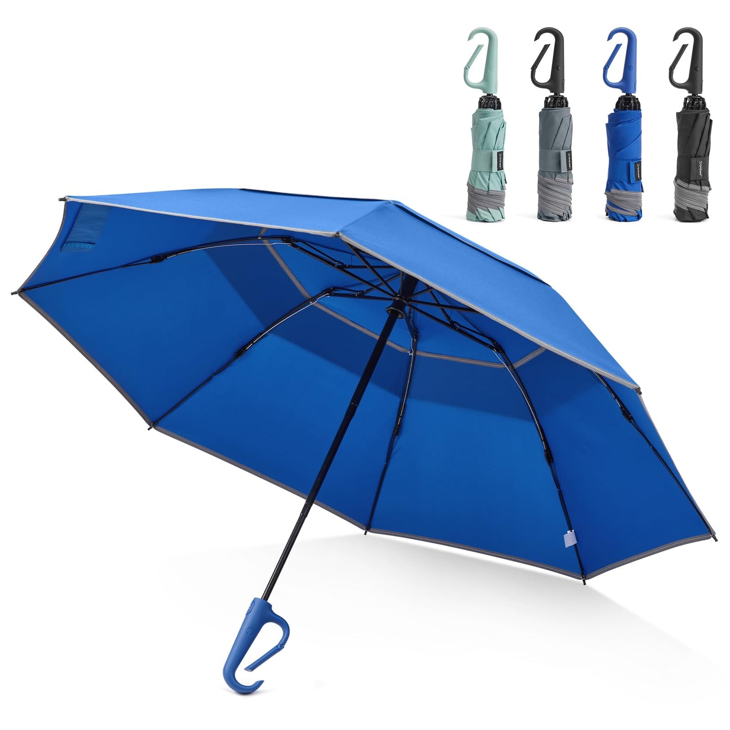 G4Free 46inch Ring Buckle Umbrella, Inverted Design with Carabiner Handle | Compact Travel Umbrella with Reflective Strip, Automatic Windproof for Rain