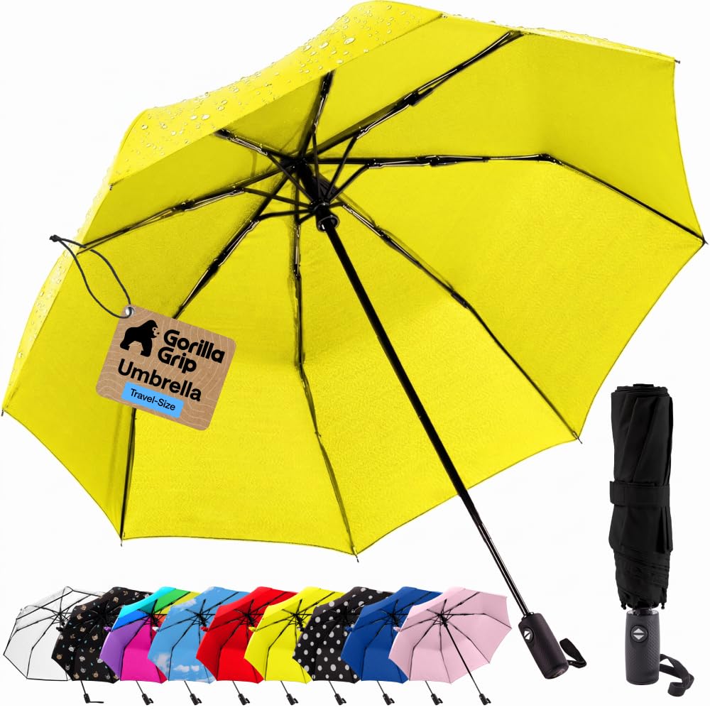 GORILLA GRIP Compact Travel Size Umbrella for Rain, Sleek Design Fits Backpack, Purse and Carry On, Lightweight Under 1lb, One Click Open and Close, Wind Resistant, Durable Waterproof, Cats Dogs