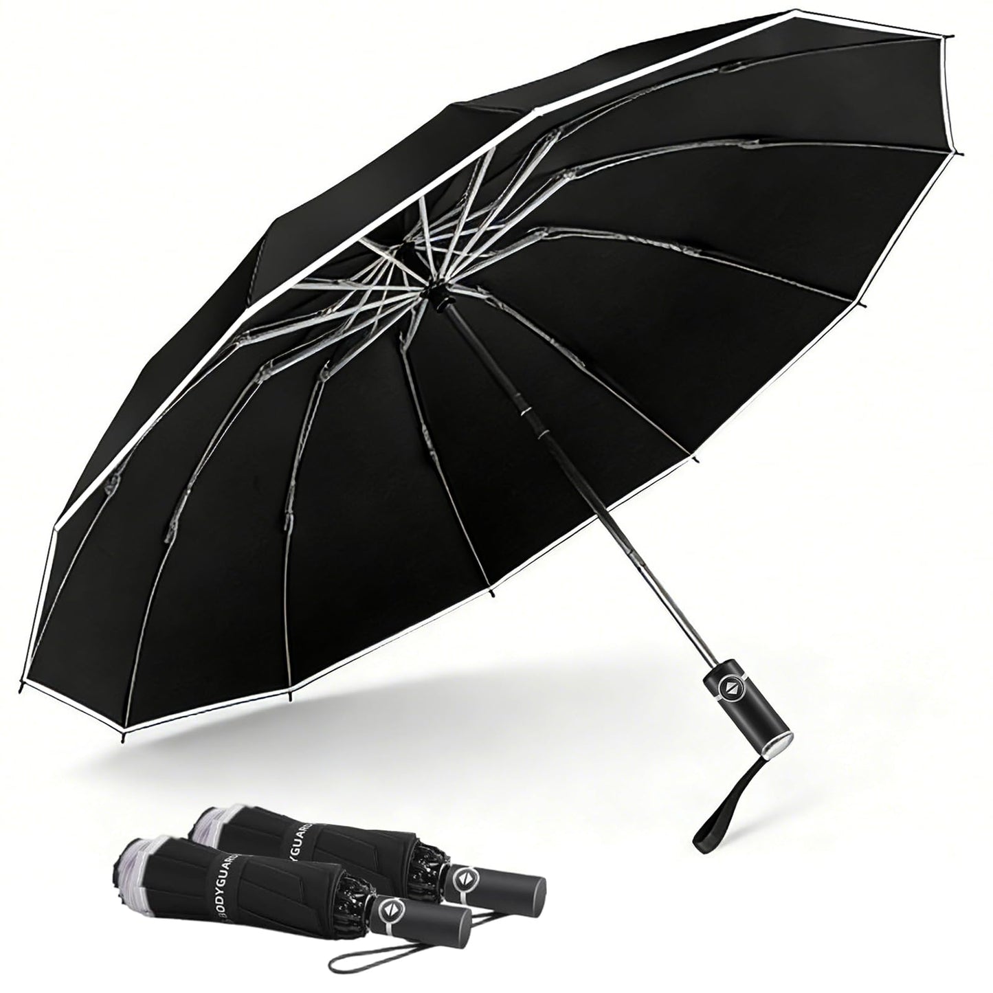 Bodyguard Inverted Umbrella - Large Windproof for Rain & Sun, Compact Reverse With Reflective Stripe, Teflon-Coated for Women Men, Travel Folding With Cover Bag
