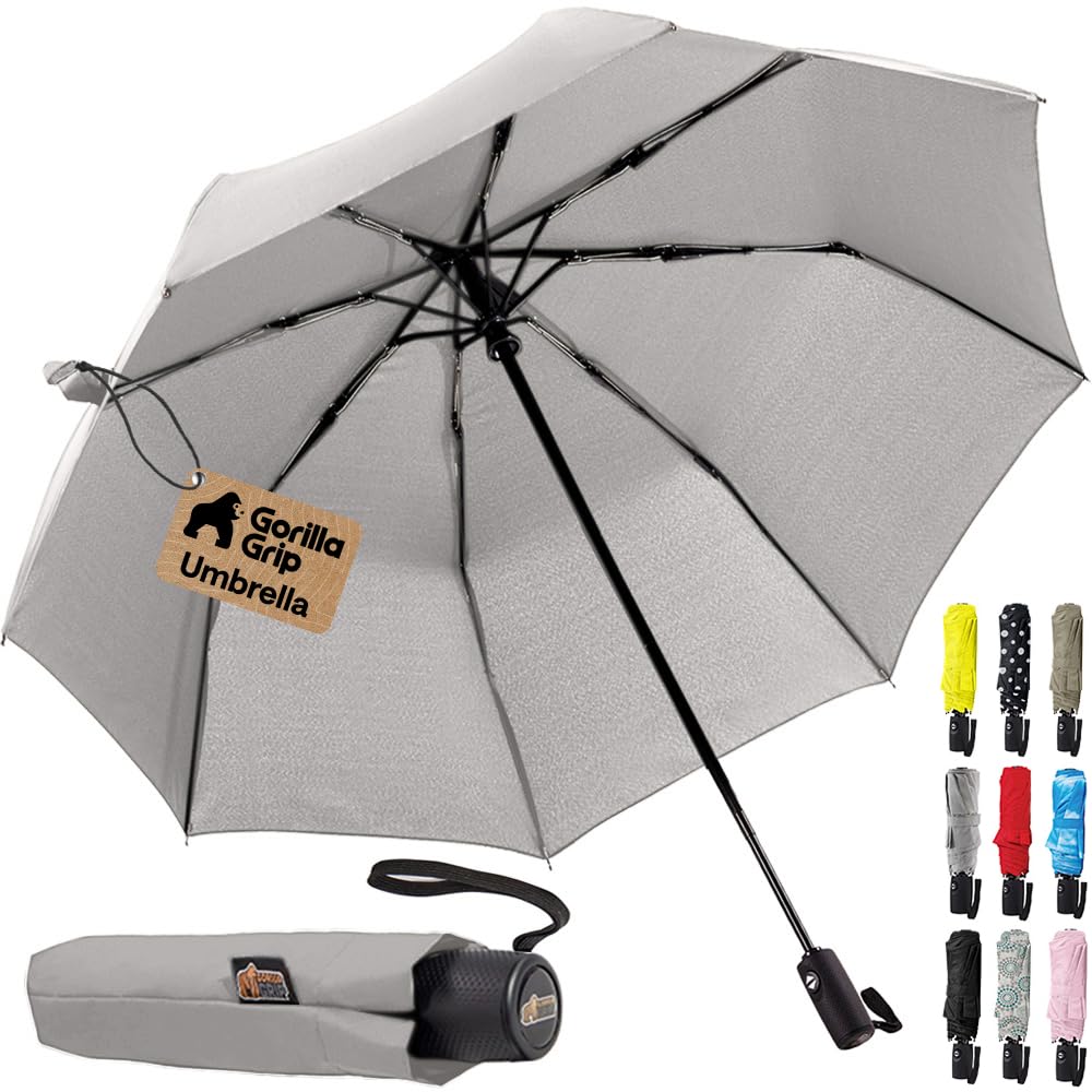 GORILLA GRIP Compact Travel Size Umbrella for Rain, Sleek Design Fits Backpack, Purse and Carry On, Lightweight Under 1lb, One Click Open and Close, Wind Resistant, Durable Waterproof, Cats Dogs