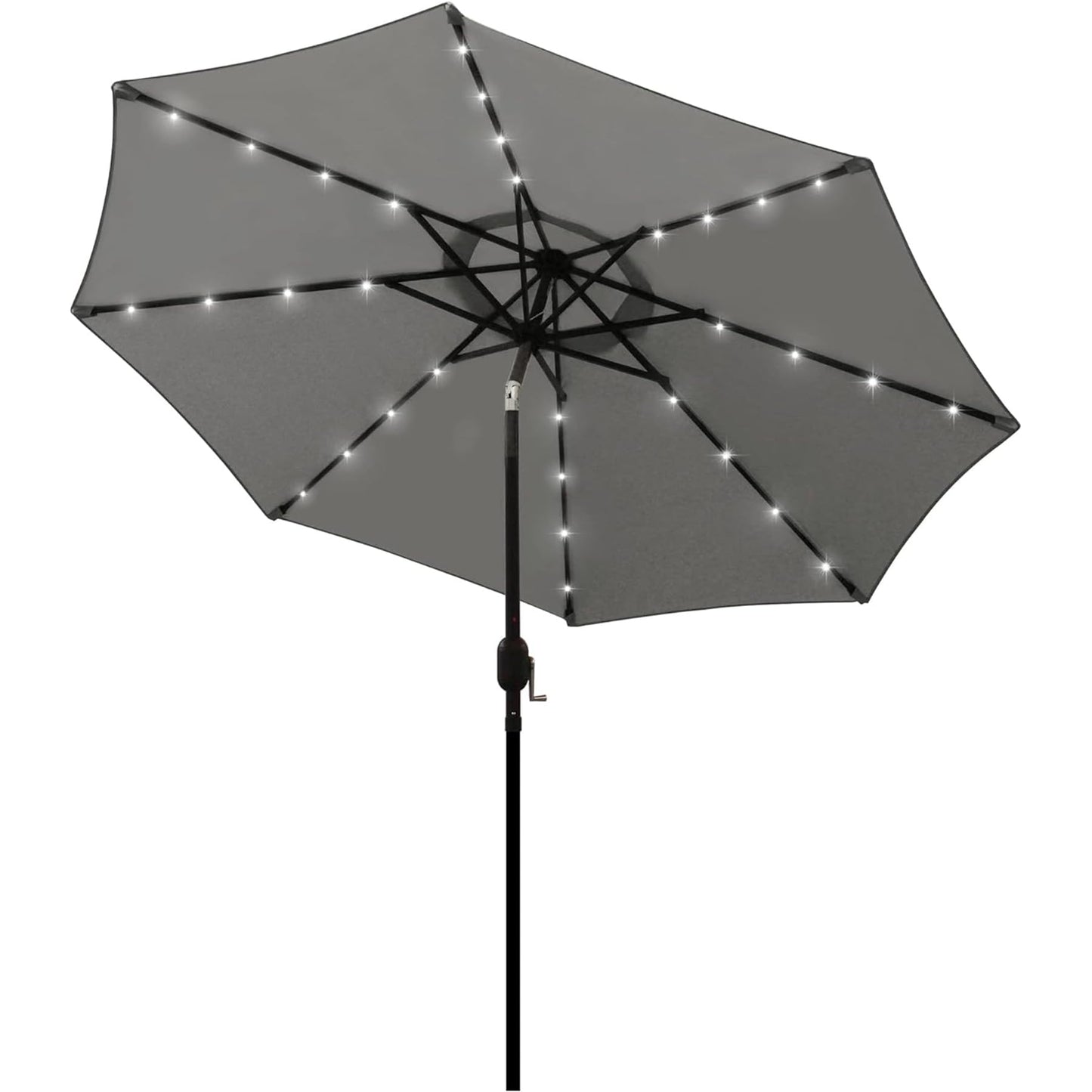 9 ft Solar Umbrella 32 LED Lighted Patio Umbrella Table Market Umbrella with Tilt and Crank Outdoor Umbrella for Garden, Deck, Backyard, Pool and Beach (Black and White)