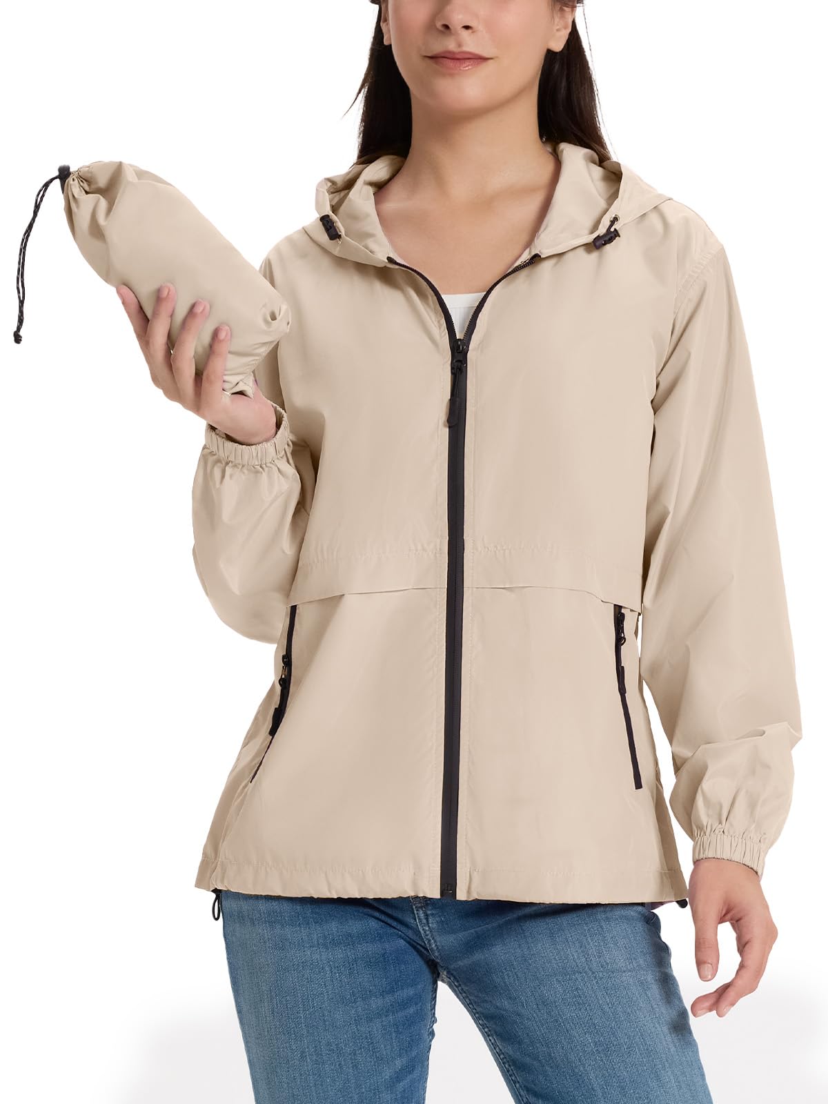 SaphiRose Lightweight Rain Jacket Women Waterproof Raincoat Packable | raincoat, rain coat, windbreaker, zip pockets, drawstring hem, hiking, camping, travel, ultra-portable