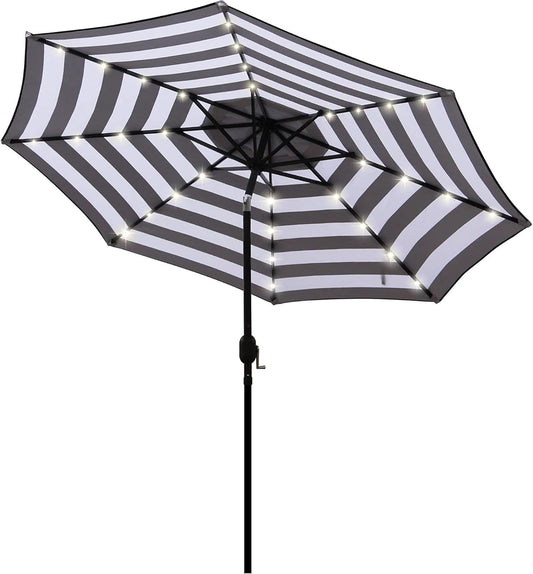 9 ft Solar Umbrella 32 LED Lighted Patio Umbrella Table Market Umbrella with Tilt and Crank Outdoor Umbrella for Garden, Deck, Backyard, Pool and Beach (Black and White)