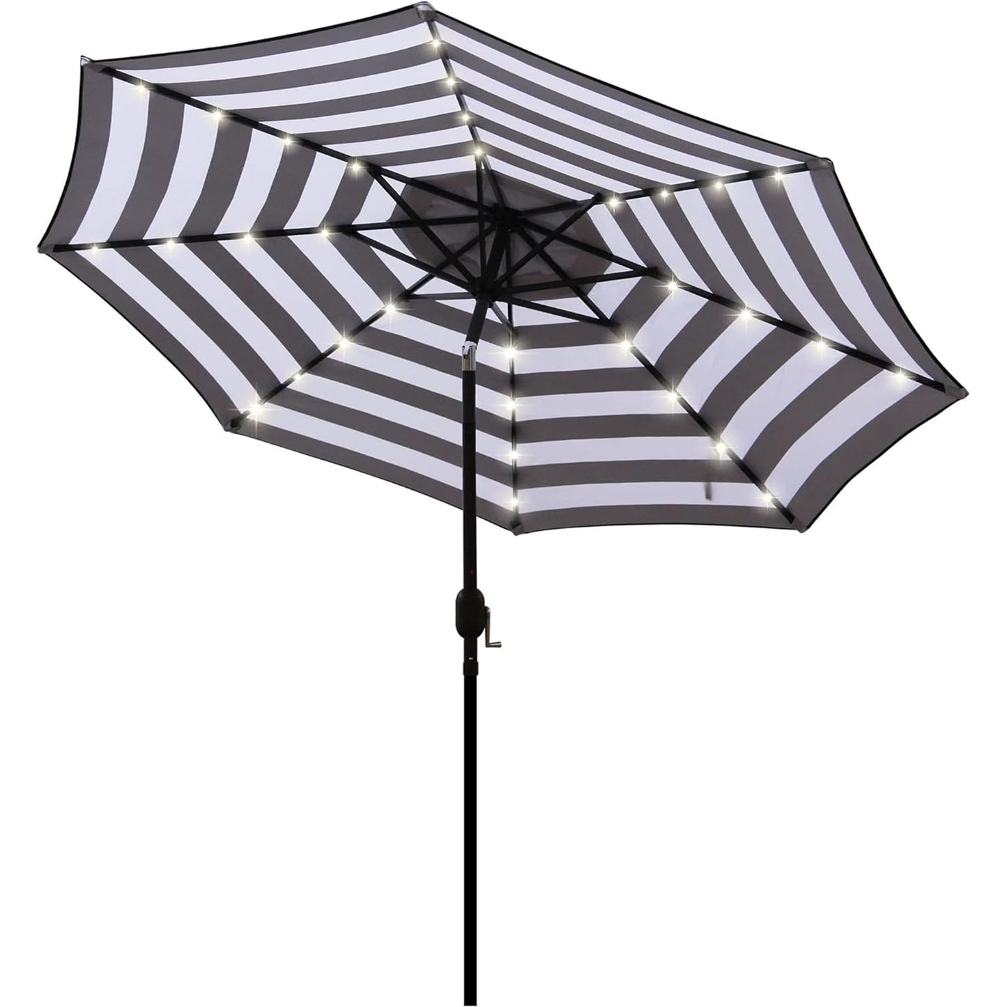 9 ft Solar Umbrella 32 LED Lighted Patio Umbrella Table Market Umbrella with Tilt and Crank Outdoor Umbrella for Garden, Deck, Backyard, Pool and Beach (Black and White)