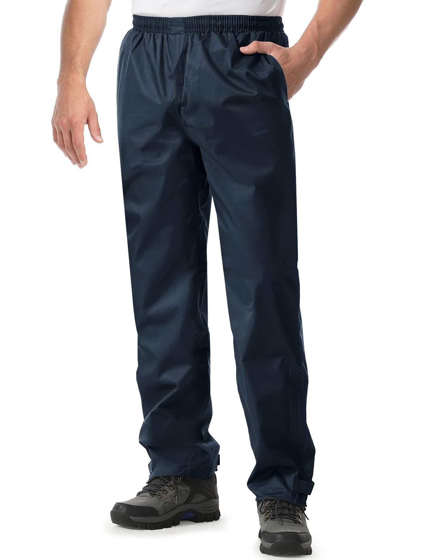 iCreek Men's Rain Pants Waterproof Breathable Lightweight Rain Over Pants | Windproof, Mesh Lining, Pants Leg Zipper, Hook & Loop, Suitable for Hiking, Fishing, Golf, Work and Daily Wear