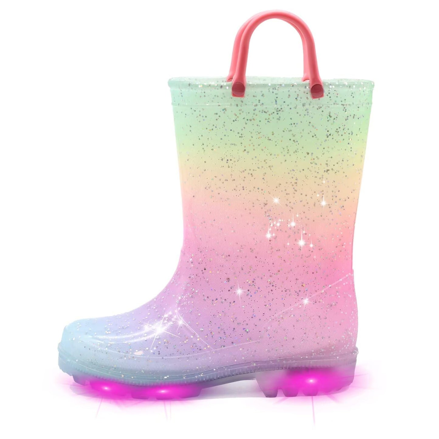 EUXTERPA Toddler Kids Light-Up Rain Boots | Waterproof, Glitter, Cartoon Pattern, Easy-On Handles, LED Flashing Non-Slip Sole, Puddle Play, Outdoor, Children Girls Boys