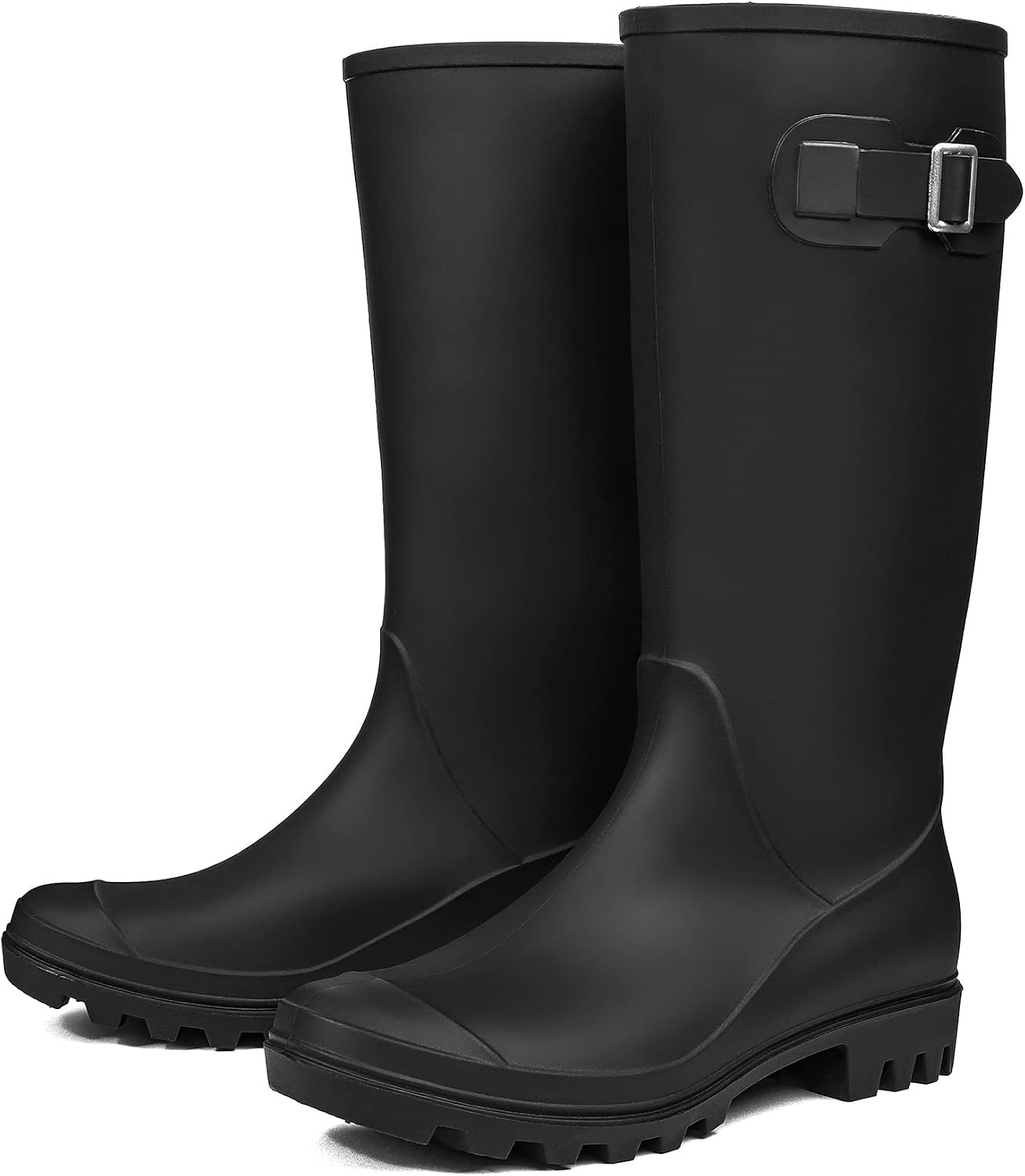 Women's Tall Waterproof Rain Boots Rubber Garden Boots with Buckle | Deep-lug non-slip outsole, breathable polyester lining, removable insole — for gardening, farm chores, rainy dog walks