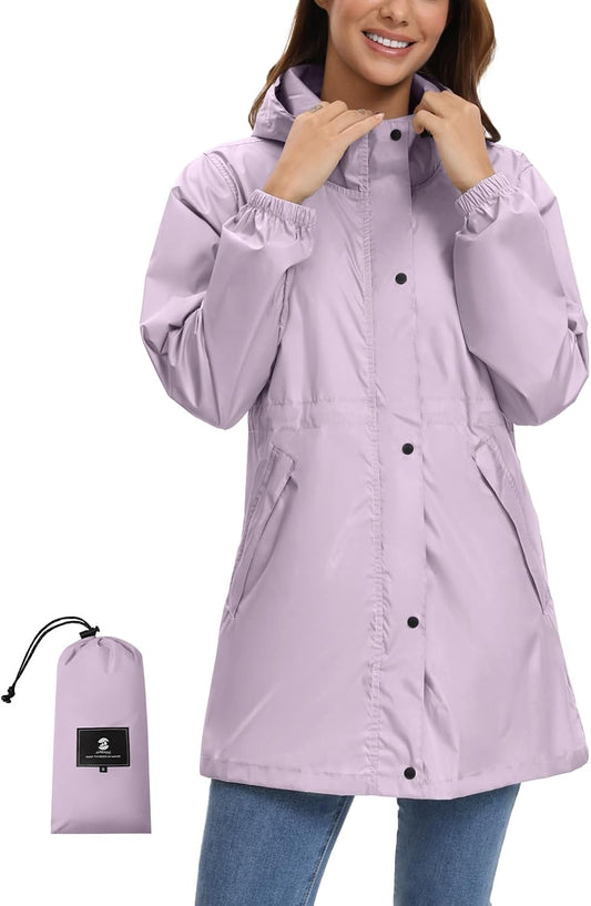 SaphiRose Women's Lightweight Long Rain Jacket Packable Raincoat Hooded Outdoor Trench Coats