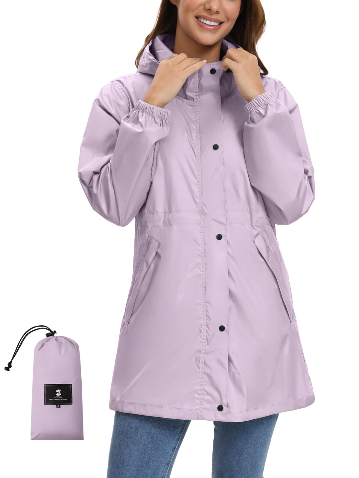 SaphiRose Women's Lightweight Long Rain Jacket Packable Raincoat Hooded Outdoor Trench Coats
