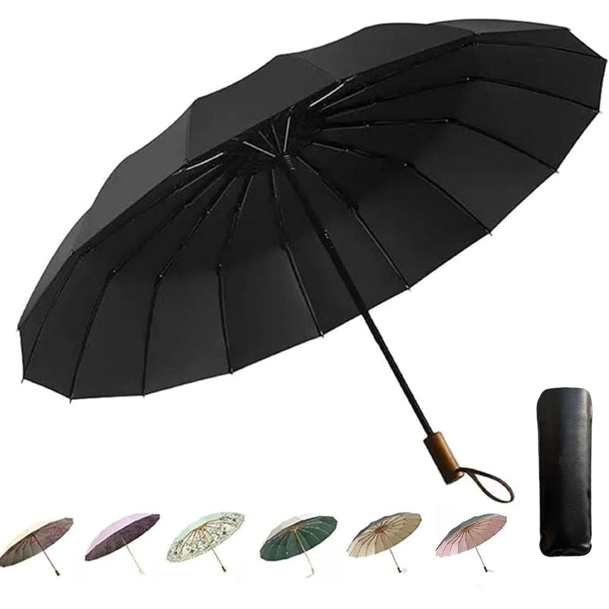 Compact Umbrellas For Rain and Sun UPF 50+ UV Protection Travel Size Windproof waterproofing and Strong Travel Essentials for Men Women 16 Ribs Wooden Handle Pink Backpacks Car Birthday Gifts For Women Lightweight 0.85LB