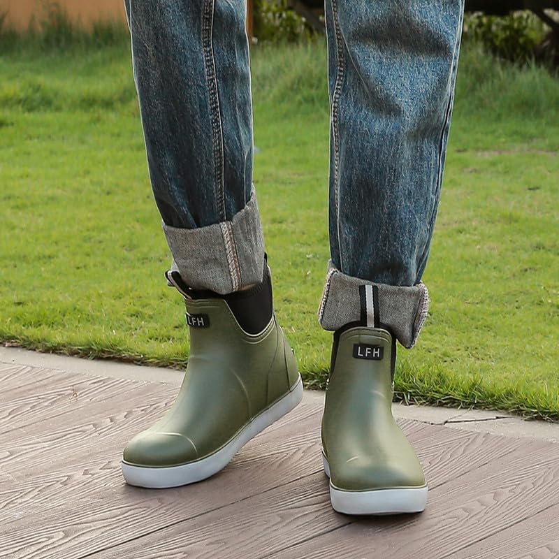 Mens Deck Boots Waterproof, Rubber Ankle Rain Booties For Fishing | Saltwater High-performance Footwear Chelsea Boots for Gardening Boating Camping Sailing